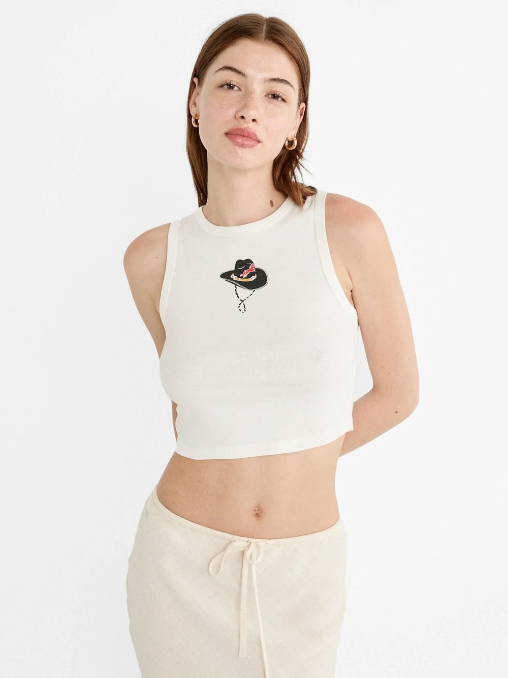 stradivarius White Cropped Tank Top with Cowboy Hat